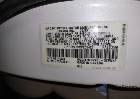 1999 Toyota Camry Solara Se V6 z USA, uszkodzony, nr VIN 2T1CF22P5XC205427